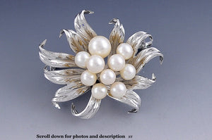 Luminous Sterling Silver Pearl Flower Leaf Form Brooch Pin