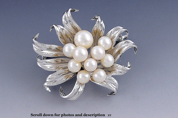 Luminous Sterling Silver Pearl Flower Leaf Form Brooch Pin