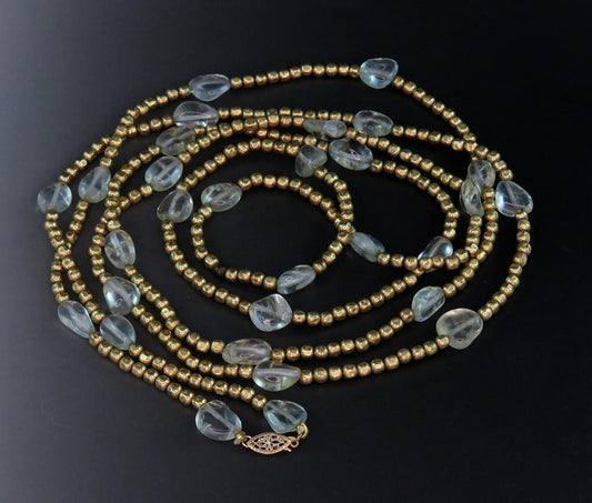 Stylish VTG Aquamarine Tumbled Beads Gold Filled Opera Length 30" Necklace