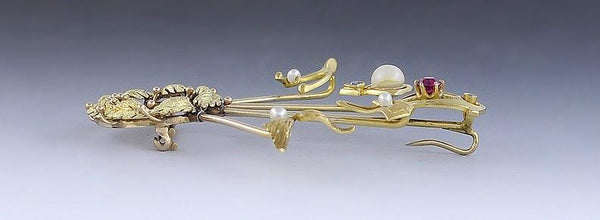 Nice 14k Yellow Gold Diamond Pearl Multi Gemstone Brooch Pin