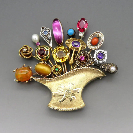 Incredible 14K Various Natural Gemstone Basket of Stickpins Custom Brooch