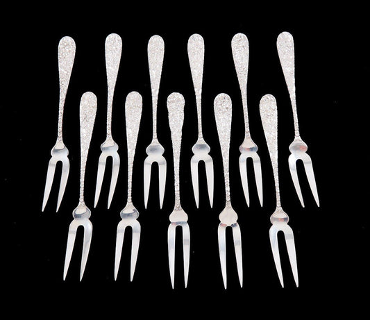Set 10 Stieff Rose Sterling Silver 2 Tine Strawberry Forks + 1 Chrysanthemum