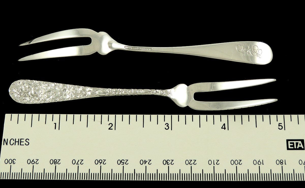 Set 10 Stieff Rose Sterling Silver 2 Tine Strawberry Forks + 1 Chrysanthemum