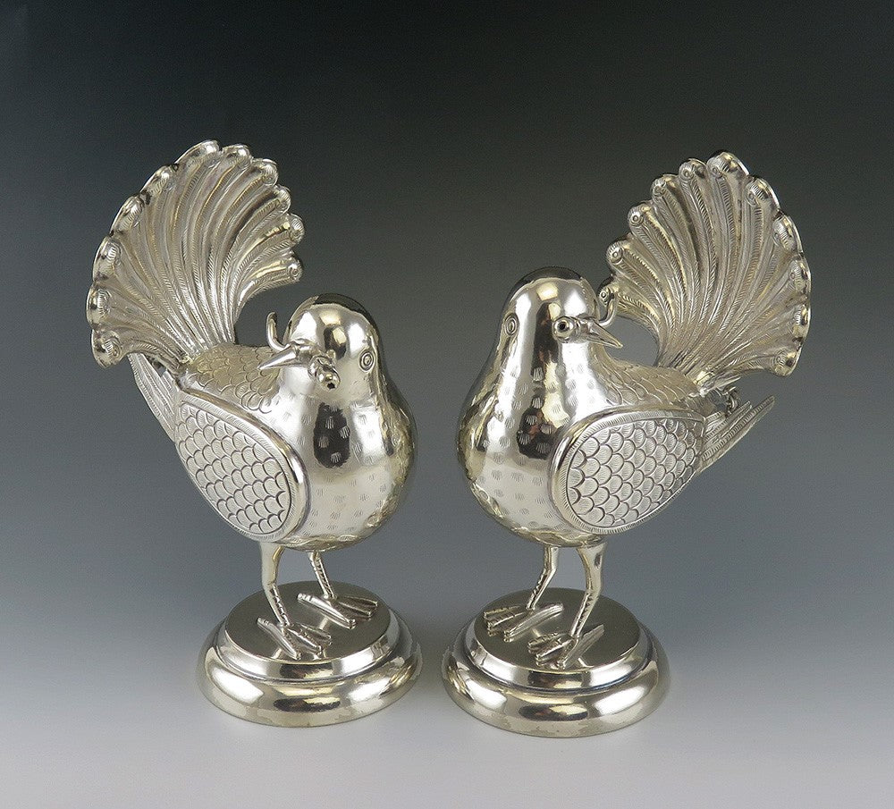 Pair of Mexican or Peruvian Whimsical Birds with Fan Tails 900 Purity Silver