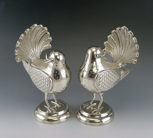 Pair of Mexican or Peruvian Whimsical Birds with Fan Tails 900 Purity Silver