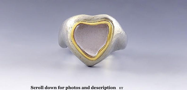 Artisan 18k White & Yellow Gold Beach Glass Heart Ring Size 5.25