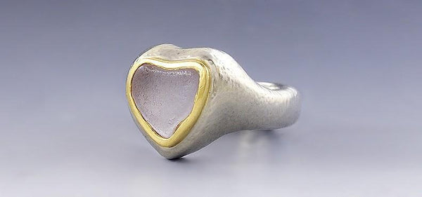 Artisan 18k White & Yellow Gold Beach Glass Heart Ring Size 5.25