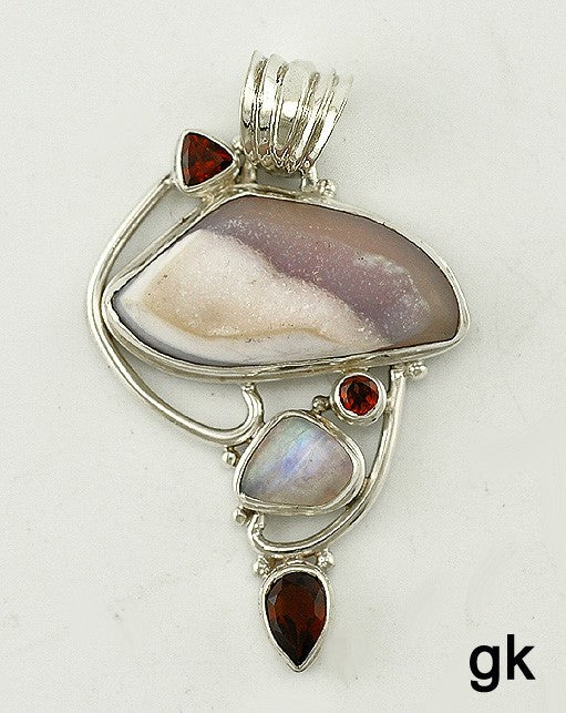 Sterling Silver Genuine Garnet Labradorite and Geode Stone Pendant Lovely Design