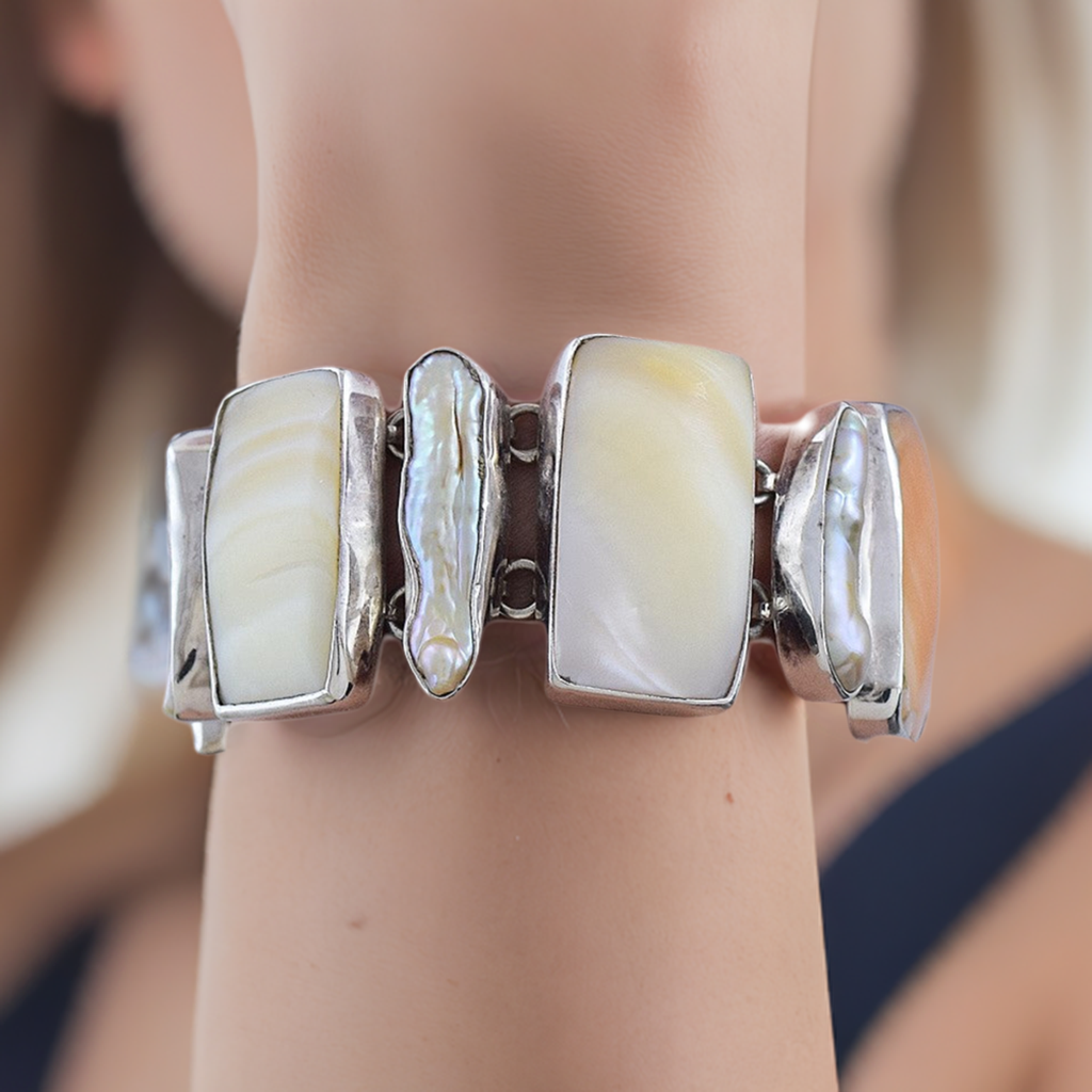 Stylish Sterling Silver Shell & Pearl Statement Bracelet
