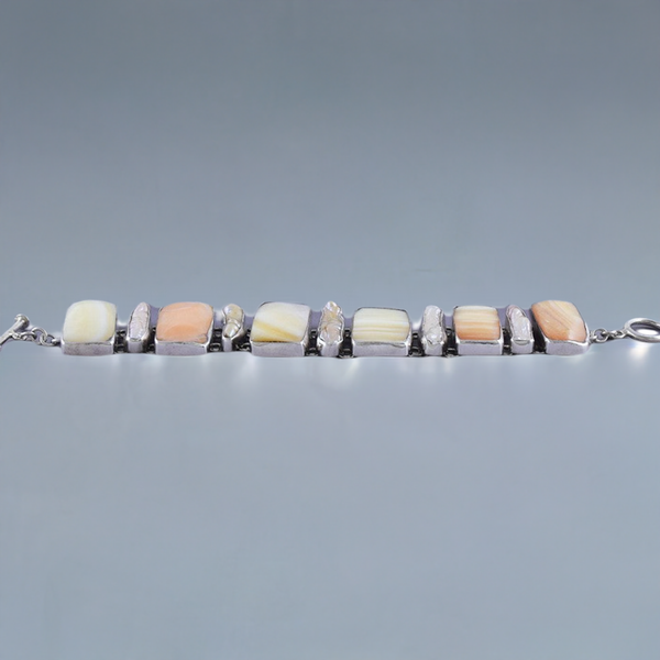 Stylish Sterling Silver Shell & Pearl Statement Bracelet