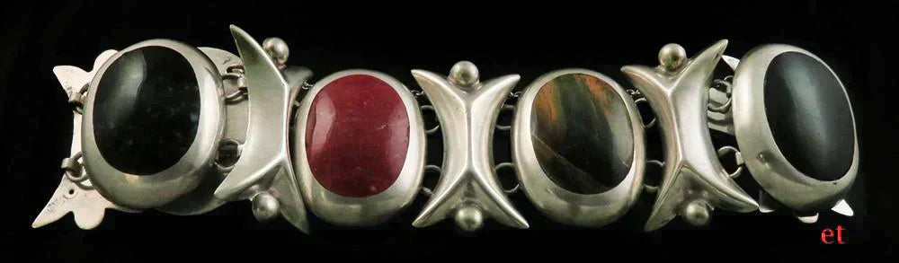 Vintage Mexican Sterling Silver & Agate Stone Bracelet