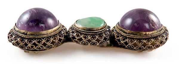 Antique Gold Plated w/ Large Amethyst & Jade Stone Belt Buckle