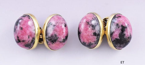 Stunning Pair English 9ct Gold & Rhodonite Oval Cabochon Cufflinks