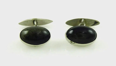 Vintage Mexican Sterling Silver Green Cat's Eye Chrysoberyl Cufflinks Modernist