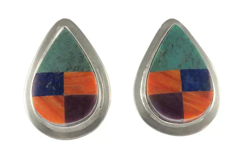 Colorful Pair Native American Sterling Silver Gemstone Inlay Mosaic Earrings