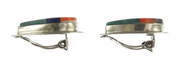 Colorful Pair Native American Sterling Silver Gemstone Inlay Mosaic Earrings