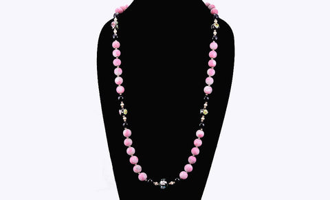14k Yellow Gold Pink Rhodonite Cloisonne and Black Beaded Necklace