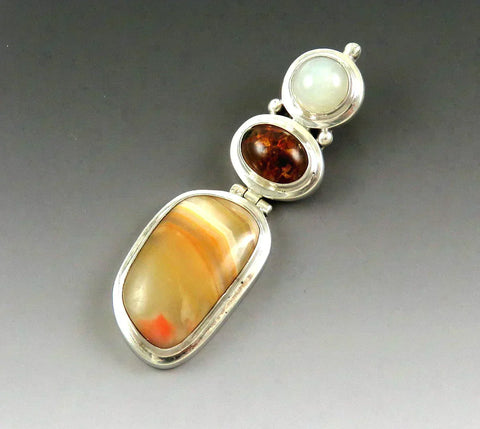 Lovely Sterling Silver Moonstone Agate Amber Statement Pendant