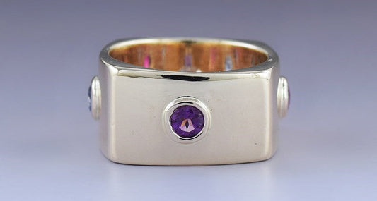 Stunning Modern 14k Yellow Gold Diamond Amethyst Ruby Sapphire Ring sz 4 3/4