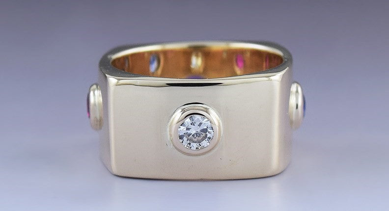 Stunning Modern 14k Yellow Gold Diamond Amethyst Ruby Sapphire Ring sz 4 3/4