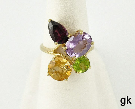 Stunning 10K Yellow Gold Garnet Amethyst Citrine Peridot Ring Size 6