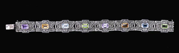 Sparkling Sterling Silver Marcasites Citrine Topaz Amethyst Link Bracelet