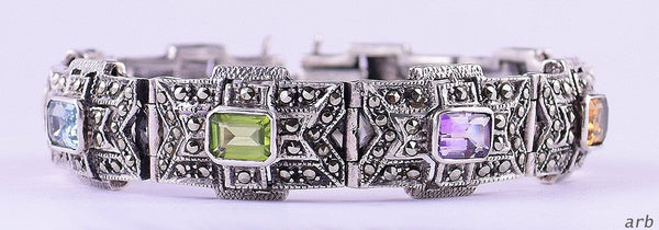 Sparkling Sterling Silver Marcasites Citrine Topaz Amethyst Link Bracelet