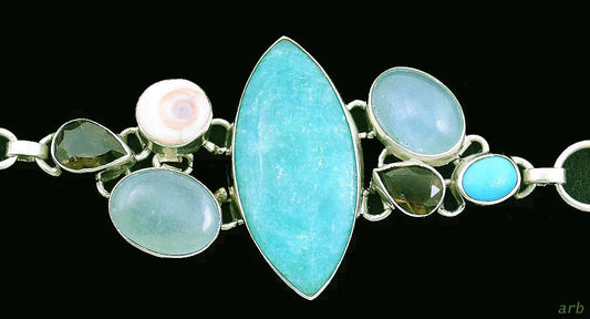 Stunning Sterling Silver Bracelet Smoky Quartz Turquoise Shell Chain Link