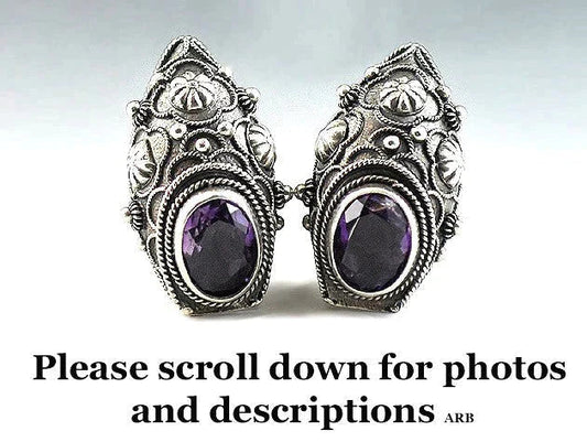 Spectacular Vintage Italian Tuscan Style Silver and Amethyst Clip On Earrings