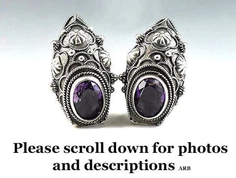 Spectacular Vintage Italian Tuscan Style Silver and Amethyst Clip On Earrings