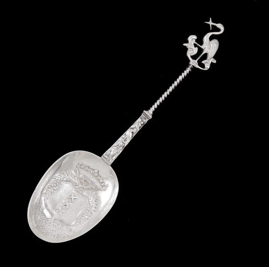 Antique Dutch Silver Egret Heron Stork Amsterdam Crest Souvenir Serving Spoon