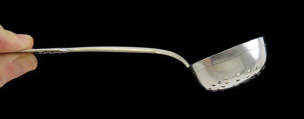 Antique 1885 Russian Silver Fiddle Engraved Flower Pierced Strainer Ladle