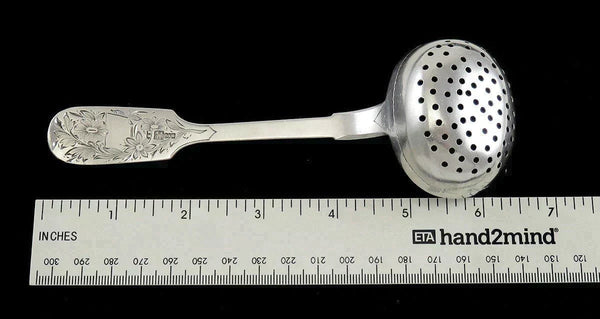 Antique 1885 Russian Silver Fiddle Engraved Flower Pierced Strainer Ladle