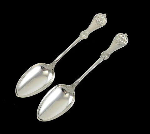 Antique c1870 American Coin Silver Strawberry Pattern Serving Spoons 8 3/4"
