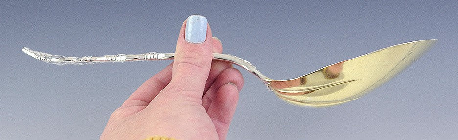 Antique Sterling Silver Tiffany Strawberry Gold Wash Casserole Serving Spoon