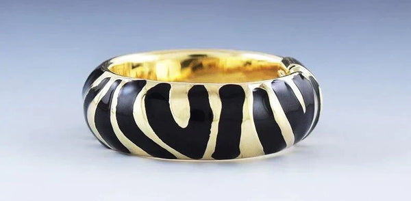 Stunning Designer 14k Yellow Gold Enamel Zebra Stripe Ring Size 5.75