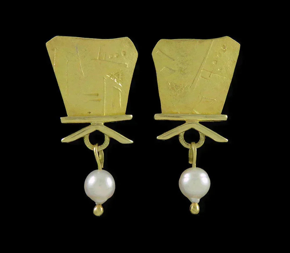 Studio Artisan 22K 18K Yellow Gold Natural Pearl M Rogers Dangle Earrings 1 5/8"