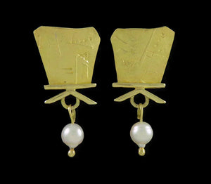 Studio Artisan 22K 18K Yellow Gold Natural Pearl M Rogers Dangle Earrings 1 5/8"