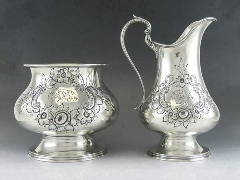 Antique Art Nouveau Sterling Silver Stieff Repousse Tea Creamer & Sugar Bowl