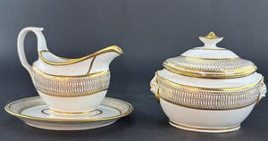 c1790-1820 English Gold White Sugar Bowl Creamer or Gravy Boat w Underplate