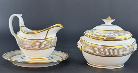 c1790-1820 English Gold White Sugar Bowl Creamer or Gravy Boat w Underplate