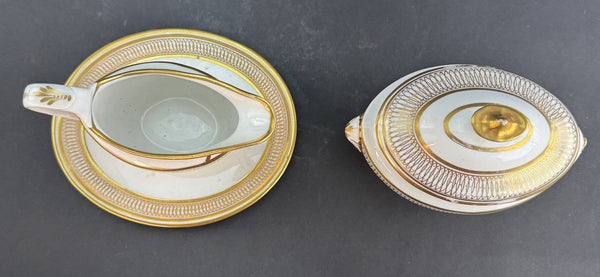 c1790-1820 English Gold White Sugar Bowl Creamer or Gravy Boat w Underplate