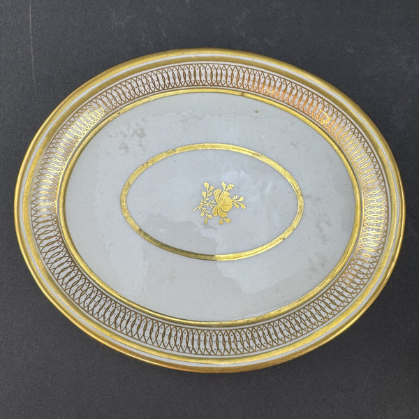 c1790-1820 English Gold White Sugar Bowl Creamer or Gravy Boat w Underplate