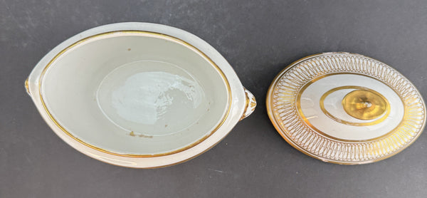 c1790-1820 English Gold White Sugar Bowl Creamer or Gravy Boat w Underplate