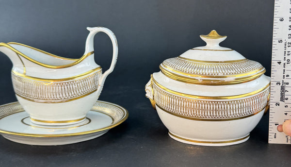 c1790-1820 English Gold White Sugar Bowl Creamer or Gravy Boat w Underplate