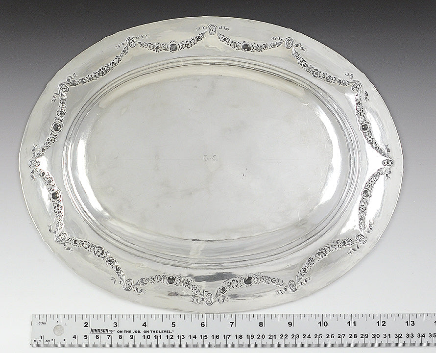 Antique 1750-1850 European Silver Wreath Festoon Tray Platter 13.5" X 10.75"