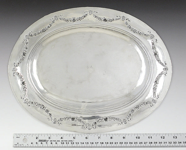 Antique 1750-1850 European Silver Wreath Festoon Tray Platter 13.5" X 10.75"