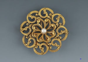 c1900 Victorian/Art Nouveau 14k Gold Pearl Floral Wheel Openwork Pin Brooch