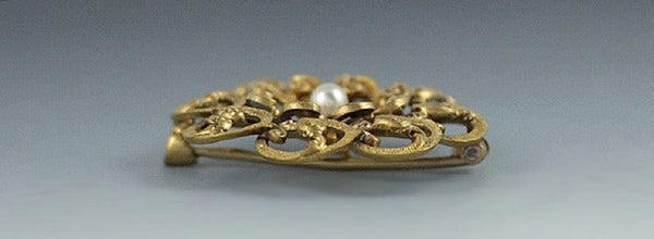 c1900 Victorian/Art Nouveau 14k Gold Pearl Floral Wheel Openwork Pin Brooch