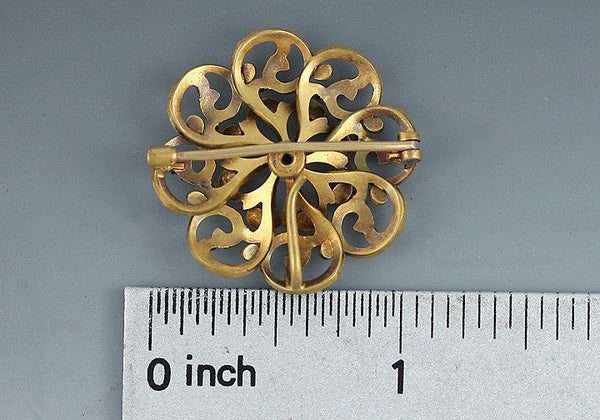 c1900 Victorian/Art Nouveau 14k Gold Pearl Floral Wheel Openwork Pin Brooch